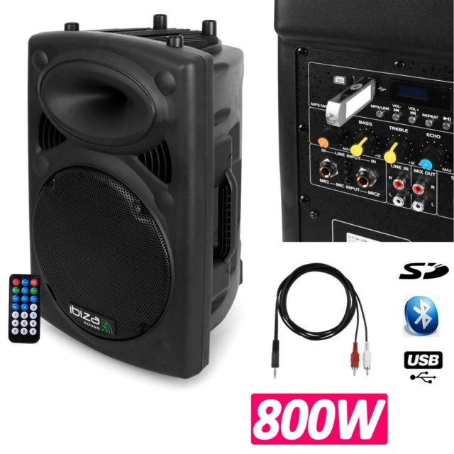 Ibiza Sound - Enceinte DJ SONO Mobile amplifiée 1000W lecteur mp3 SLK-15A-USB BT + câble PC - Packs sonorisation