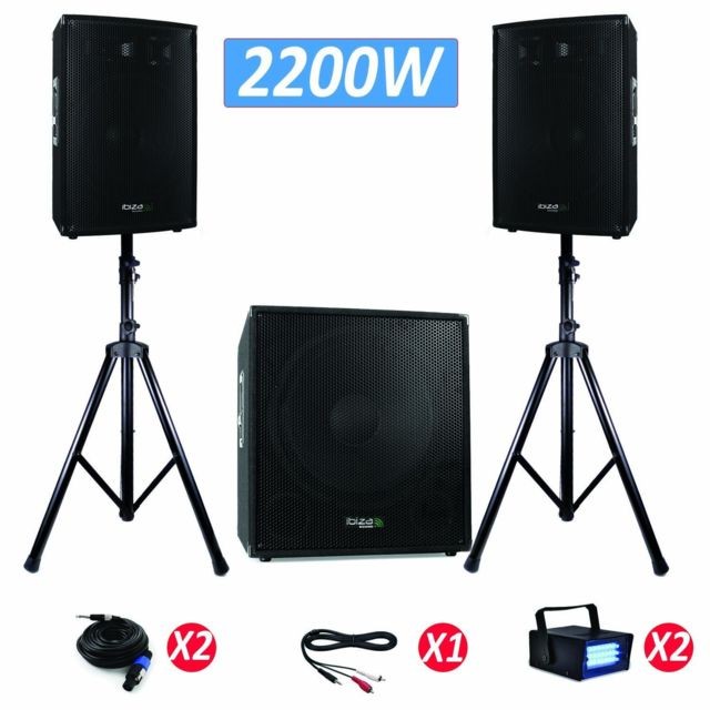 Ibiza Sound - Pack 1515 Sonorisation 2200W Caisson bi-amplifié Enceintes + PIEDS + CABLES + 2 LEDSTROBE - Ibiza Sound