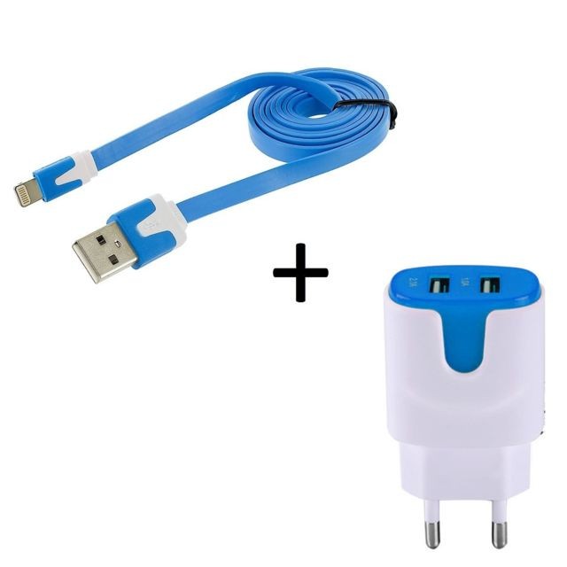 marque generique - Pack Chargeur pour IPHONE SE Smartphone Micro-USB (Cable Noodle 1m Chargeur + Double Prise Secteur Couleur USB) Android (BLEU) marque generique  - Chargeur secteur téléphone Apple