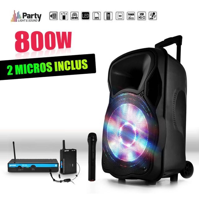 Party Sound - Enceinte sono mobile 800W 15"" LED/USB/BT/SD/FM + Micros sans-fil/serre-tête PARTY15 - Party Sound