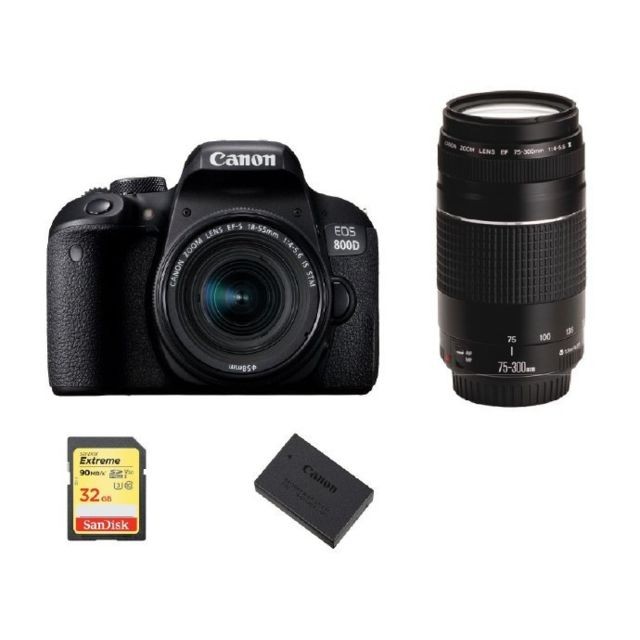 Canon - CANON EOS 800D KIT EF-S 18-55mm F4-5.6 IS STM+ EF 75-300mm F4-5.6 III + 32G SD card + LP-E17 Battery - Reflex Numérique