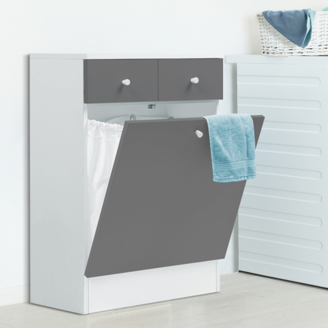 Idmarket - Meuble avec bac à linge intégré en bois gris blanc - meuble bas salle de bain Blanc