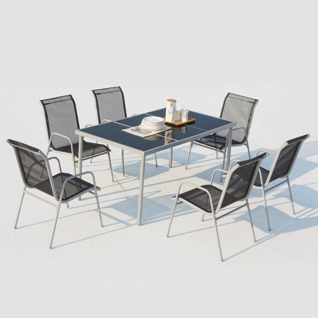 Concept Usine - Lusiana 6 places : ensemble de jardin en acier inoxydable gris et textilène - Ensembles tables et chaises Concept Usine