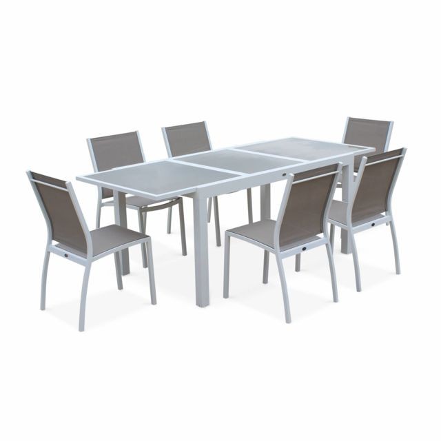 Alice'S Garden - Salon de jardin table extensible - Orlando Taupe - Table en aluminium 150/210cm, plateau de verre, rallonge et 6 chaises en textilène - Ensembles tables et chaises