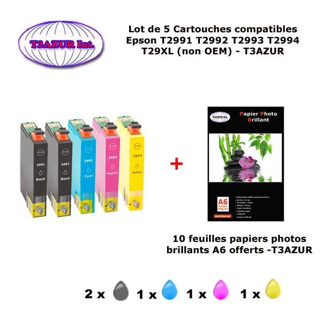 T3Azur - 5 Pack compatible Epson T2991 T2992 T2993 T2994 pour Expression Home XP 235 245 247 332 335 342 345 432 435 442 445+ PPA6-T3AZUR T3Azur  - Epson xp 235