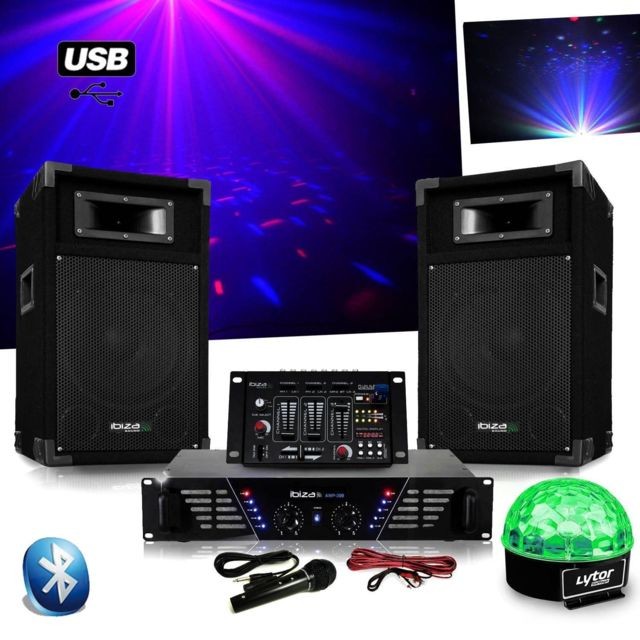 Ibiza Sound - Pack Sono DJ300 ampli + enceintes 500W + Table de mixage USB BLUETOOTH + Astro SIXMAGIC LED RVB - Ibiza Sound