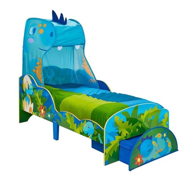WORLDS APART - Lit Enfant Dinosaure avec Ciel de lit et tiroir de Rangement - Cadres de lit Bleu