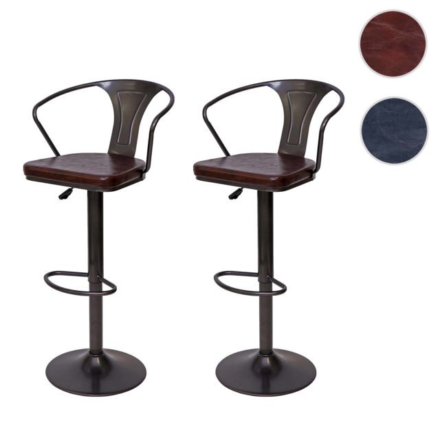 Mendler - 2x Tabouret de bar HWC-H10b,réglable en hauteur,avec accoudoirs,pivotant,style industriel~vintage noir-marron - Chaise salle manger confortable