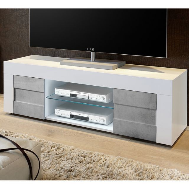 Kasalinea - Meuble TV blanc laqué brillant et effet béton BROOKLYN - L 138 cm - Meubles TV, Hi-Fi Kasalinea