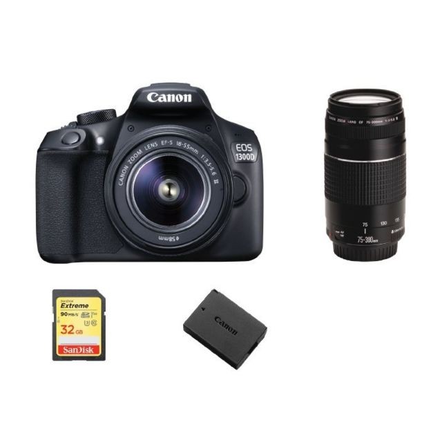 Canon - CANON EOS 1300D KIT EF-S 18-55mm F3.5-5.6 IS III + EF 75-300mm F4-5.6 III + 32G SD card + LP-E10 Battery - Reflex Numérique