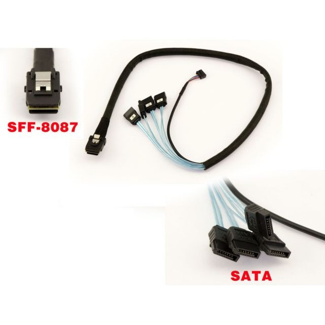 Câble Intégration Kalea-Informatique Cordon SAS MiniSAS SFF-8087 vers 4x SATA + Sideband Longueur 60cm Longueur 60cm