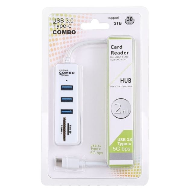 Wewoo Lecteur de cartes TF / SD 2 en 1 + 3 x ports USB 3.0 au convertisseur de concentrateur USB-C / Type-C, longueur de câble: 26 cm (blanc)
