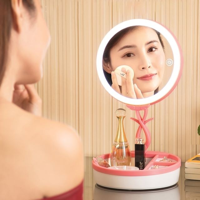 Miroirs Wewoo Miroir rose Multi-fonction Mode tactile Commutateur USB Charge Coloré De Maquillage LED Lampe De Bureau Atmosphère Lumière avec Boîte De Rangement, DC 5V