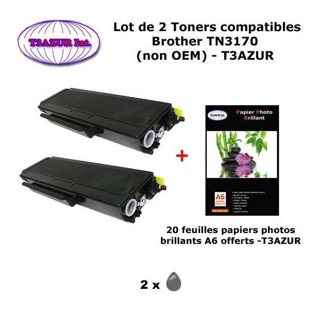 T3Azur - 2 Toners compatibles TN3170 pour imprimante Brother HL 5270DN, 5270DNLT, 5280, 5280DW, 5280DWLT+20f A6 brillants - T3AZUR T3Azur  - Cartouche, Toner et Papier