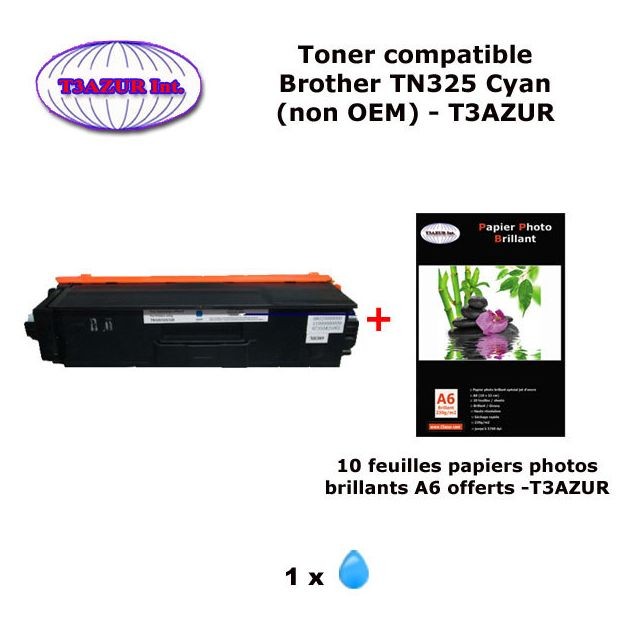 T3Azur - Toner compatible TN325 C pour imprimante Brother MFC 9460CDN, 9465CDN, 9970CDW Cyan+ 10f A6 brillants - T3AZUR T3Azur  - Cartouche, Toner et Papier