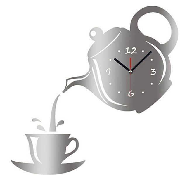 Generic - Teapot Horloge murale Effet Miroir tasse de café Forme Décoration Décoration Cuisine argent - Bonnes affaires Réveil