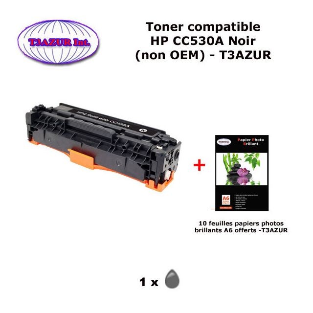 T3Azur - Toner générique HP CC530A ,HP 304A pour HP CP 2020 , 2025, 2025N Noir+ 10f papiers photos A6 -T3AZUR T3Azur  - Cartouche, Toner et Papier