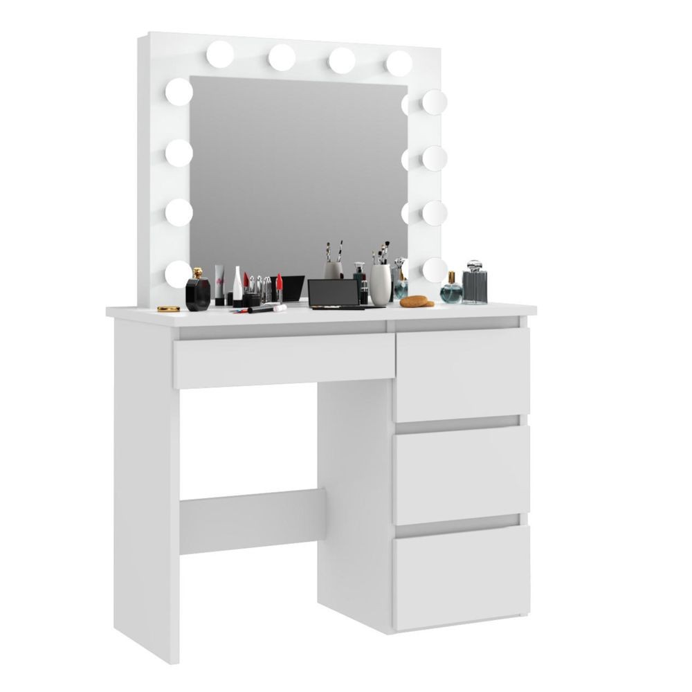 Coiffeuse Pegane Coiffeuse avec 4 tiroirs et miroir LED coloris blanc  - H75 x L94 x P43 cm