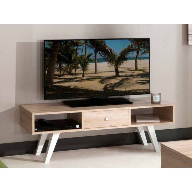Meubles TV, Hi-Fi Symbiosis Meuble TV 1 tiroir 2 niches en bois Longueur 117 cm NORA - Blanc / chêne