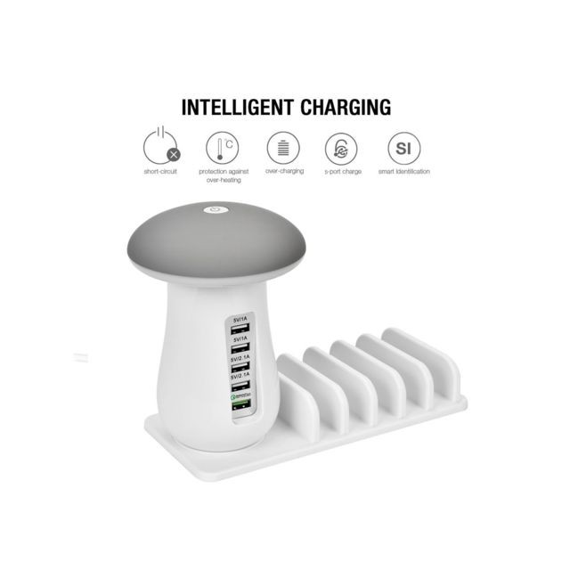 Chargeur secteur téléphone YP Select Lampe champignon support de chargement USB à cinq ports - chargeur blanc - gris blanc AU