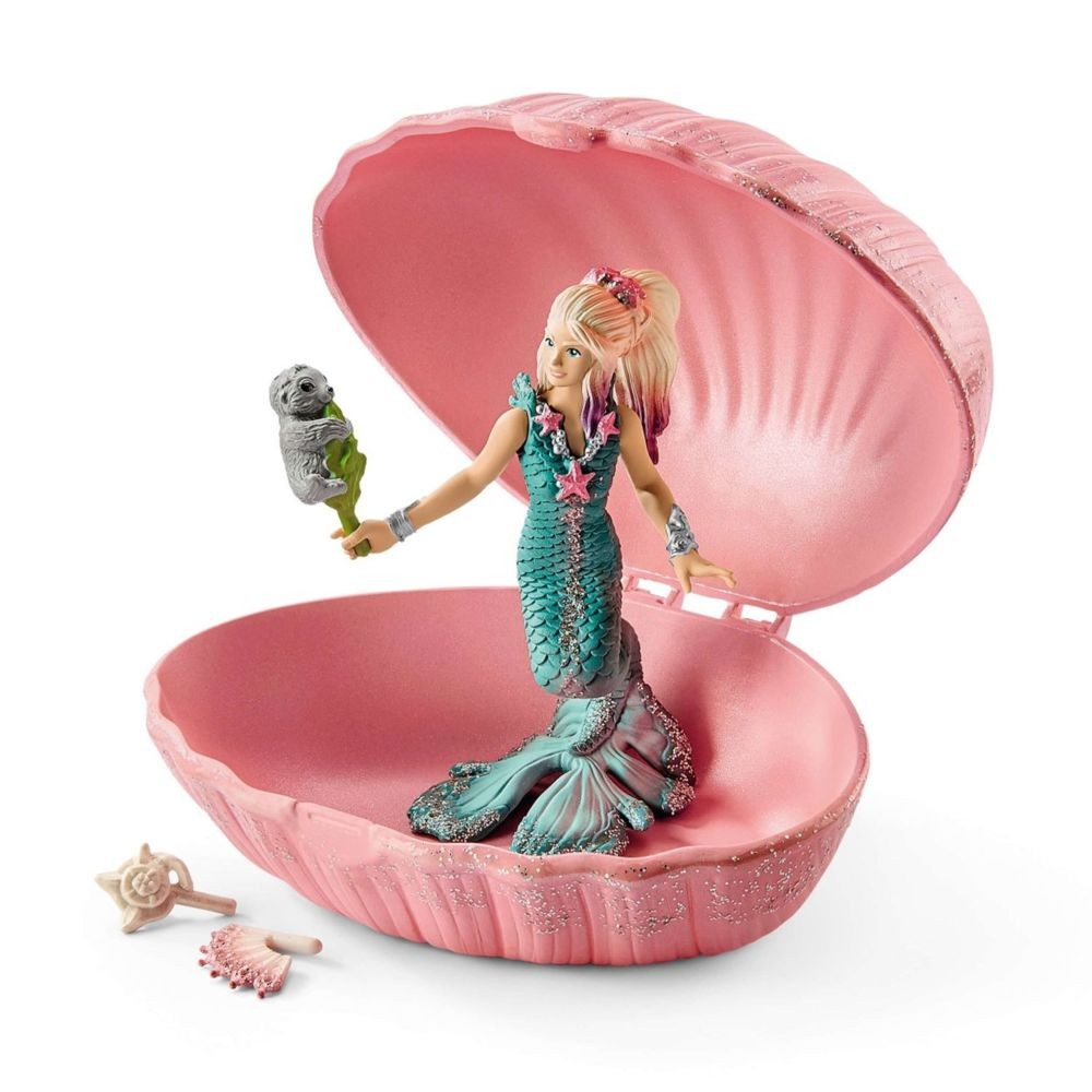 schleich - figurine 70564 sirene avec bébé phoque dans un coquillage