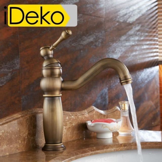 Lavabo Ideko iDeko®Robinet Mitigeur lavabo salle de bain en Laiton rotation à 360 degrés Style Japonais rétro cuivre avec Flexible