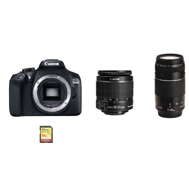 Canon - CANON EOS 1300D KIT EF-S 18-55mm F3.5-5.6 IS II + EF 75-300mm F4-5.6 III + 32G SD card - Reflex Numérique