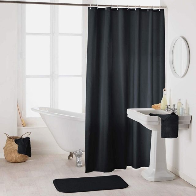 Douceur D'Interieur - Rideau de douche en polyester uni avec crochets - L 200 x l 180 cm - Noir - Rideaux douche Douceur D'Interieur