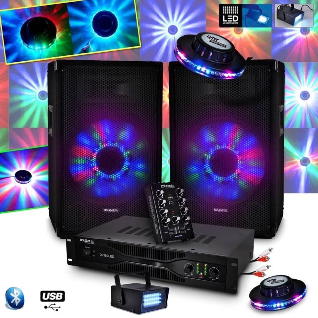 Ibiza Sound - Kit Sono IBIZA DJ350LED 10"" 2X250W + Table mixage USB/BT + Ampli + Micro + 2 effets OVNI LED + Strobe - Sonorisation Ibiza Sound