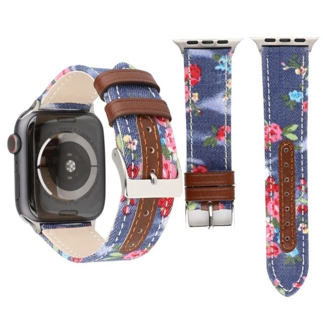 Wewoo - Bracelet en cuir véritable avec Motif fleurs denim pour Apple Watch séries 3 et 2 et 1 42 mm bleu foncé Wewoo  - Objets connectés