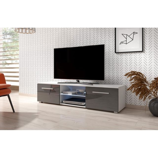 Meubles TV, Hi-Fi Vivaldi VIVALDI Meuble TV - MOON - 140 cm - blanc mat / gris brillant +LED - style moderne