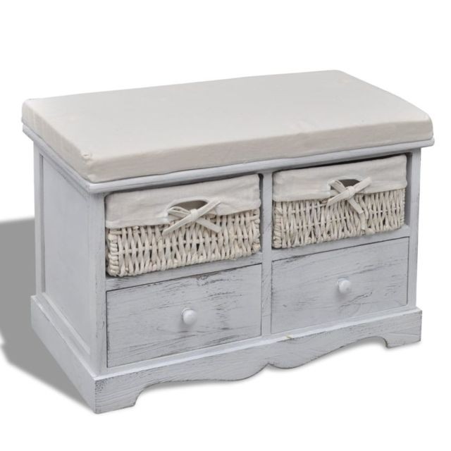 Vidaxl - Banc de rangement blanc en bois avec 2 paniers de tissage et 2 tiroirs | Blanc Vidaxl   - Banc de jardin en bois