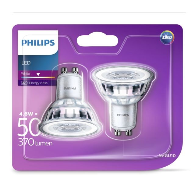 Philips - Lot de 2 ampoules LED forme standard dépolie 4,6W GU10 - Ampoules LED