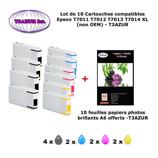 T3Azur - 10 cartouches compatibles Epson T7011 T7012 T7013 T7014 pour WorkForce Pro WP 4515DN ,4525DNF +10  papiers photos A6 brillantes -T3AZUR T3Azur  - Cartouche, Toner et Papier