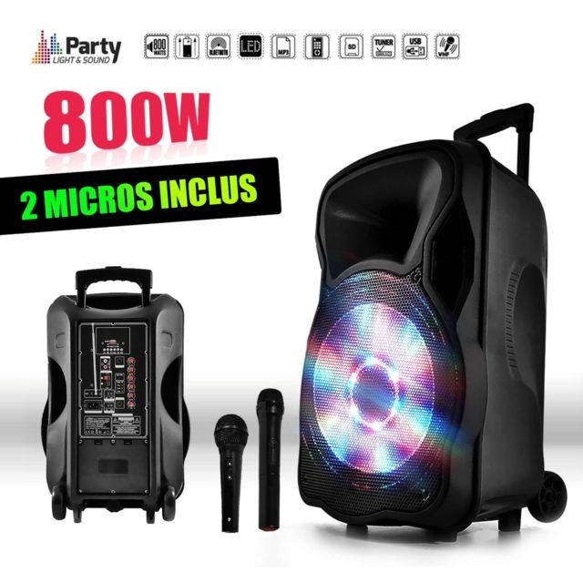 Party Light & Sound - Enceinte sono mobile amplifiée 800W 15"" LED/USB/BT/SD/FM + Micros sans-fil/filaire PARTY15 - Party Light & Sound