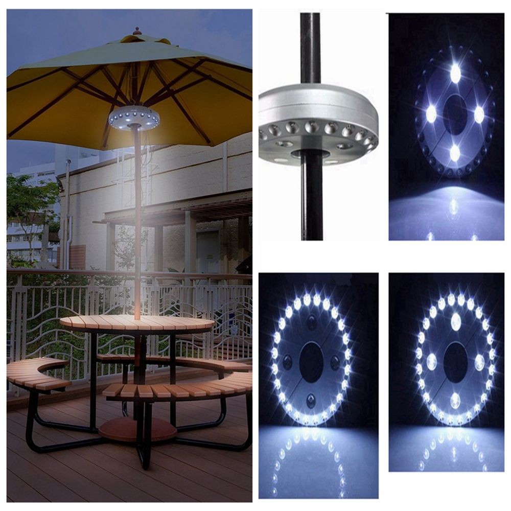 Eclairage solaire marque generique Patio LED Parapluie Lumière Blanc Piles AA Sans Fil Fonctionnant Faciles à Clipser Argent