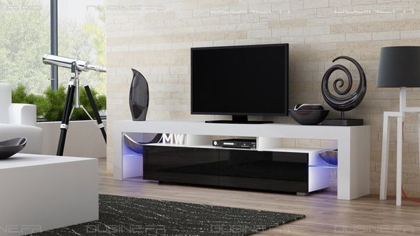 Dusine - Meuble TV SPIDER BIG à LED en Blanc MAT avec portes Noir Laqué 200 cm - Meuble TV Blanc Meubles TV, Hi-Fi