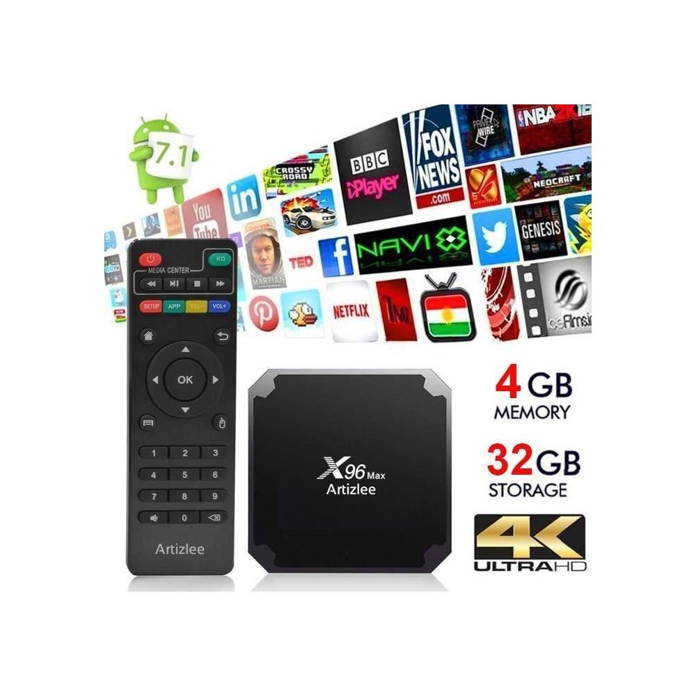 TV Box, 4Go 32Go - ARTIZLEE® Smart Box TV X96 Max Décodeur Multimédia Android 7.1 4GB+32GB WIFI Amlogic S905W Quad Core Boîtier TV