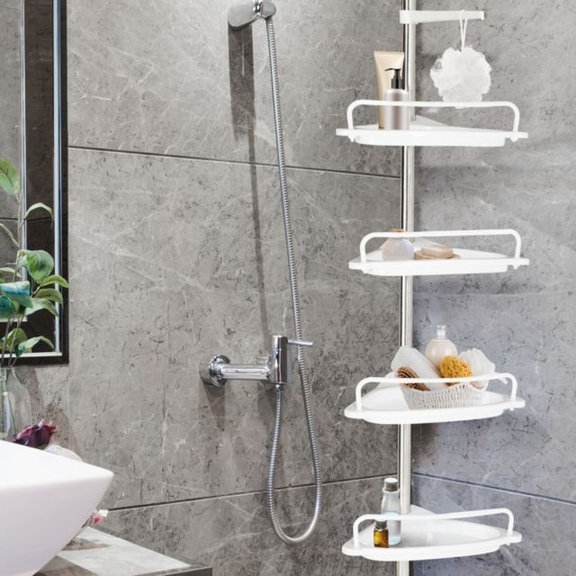 Idmarket - Etagère d'angle de douche télescopique chromée avec 4 tablettes blanches Idmarket   - Colonne de douche