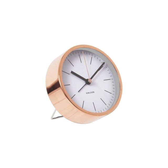 Karlsson - Horloge réveil design en métal Minimal - H. 10 cm - Blanc et cuivré - Karlsson