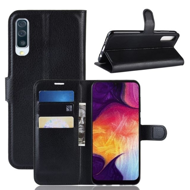 Wewoo - Housse Coque Étui en cuir à rabat horizontal Texture Litchi pour Galaxy A50, avec porte-monnaie et porte-cartes / Fentes pour cartes (Noir) Wewoo  - Accessoire Smartphone