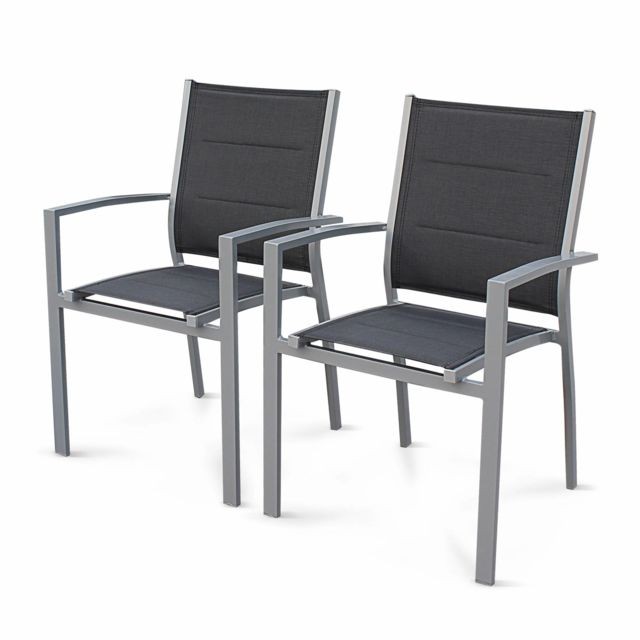 Alice'S Garden - Lot de 2 fauteuils - Chicago / Odenton  - En aluminium gris et textilène gris foncé, empilables - Alice'S Garden