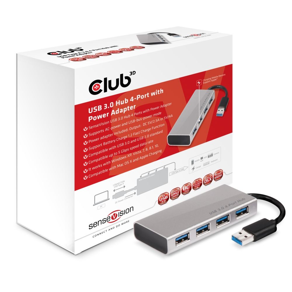 Club 3D CLUB3D USB 3.0 Hub 4-Port with Power Adapter
