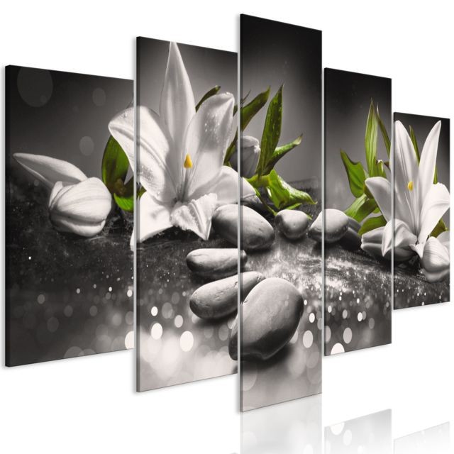 Bimago - Tableau - Lilies and Stones (5 Parts) Wide Grey - Décoration, image, art | Zen | - Tableaux, peintures