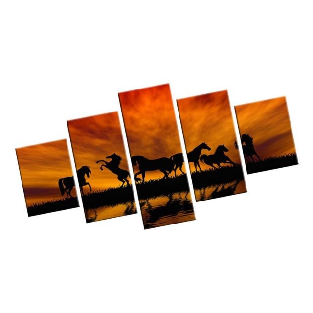 marque generique - 5 panneaux HD peinture abstraite moderne coucher de soleil cheval - Affiches, posters marque generique