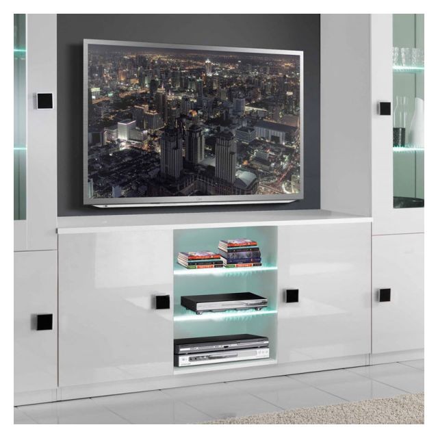 Dansmamaison - Meuble TV 2 portes Blanc/Blanc à LEDS - ZEME - L 150 x l 47 x H 70 cm Dansmamaison   - Bonnes affaires Meuble TV Blanc