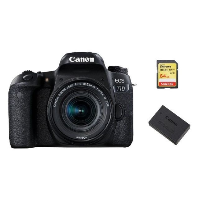 Canon - CANON EOS 77D KIT EF-S 18-55mm F4-5.6 IS STM + 64GB SD card + LP-E17 Battery Canon  - Reflex Grand Public