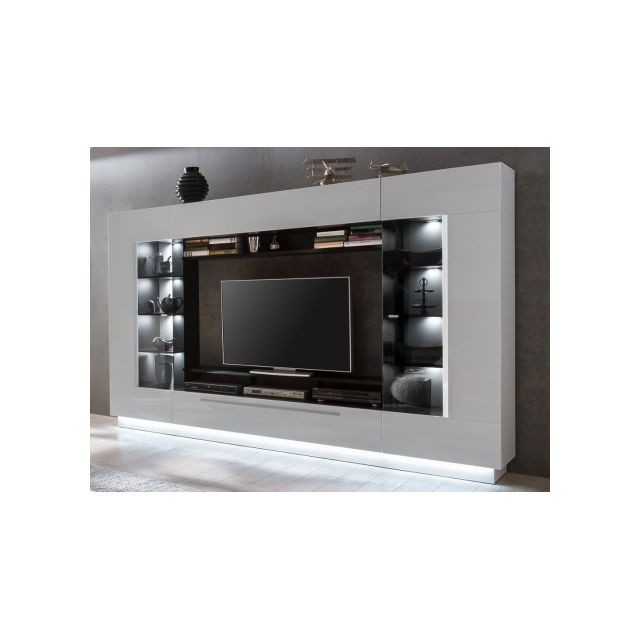 Vente-Unique - Mur TV BLAKE avec rangements - LEDs - MDF - blanc - Meubles TV, Hi-Fi Rectangulaire
