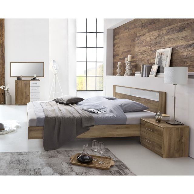 Pegane - Chambre à coucher en panneaux de particules imitation chêne poutre/blanc/chrome - Dim: 160 x 200 cm - PEGANE - Pegane  - Chambre complète