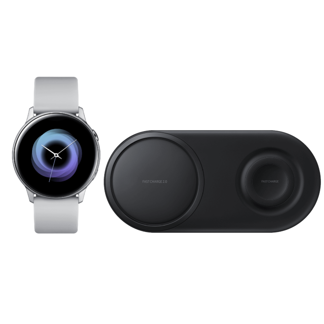Montre connectée Samsung Galaxy Watch Active - 40 mm - Gris Etain + Chargeur sans fil Duo - Noir